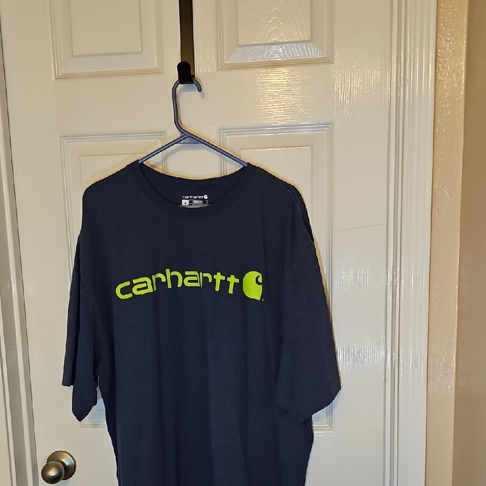 Carhartt Men's Dark Blue Tee with Neon Green Logo